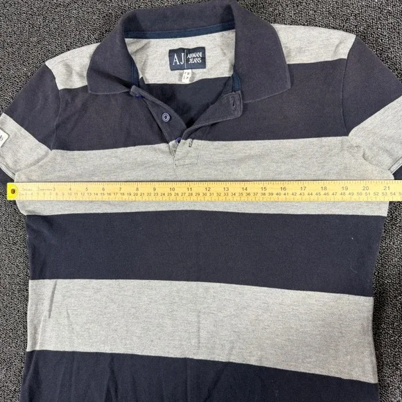 Armani Jeans Mens XL Polo Shirt Navy Blue Grey Striped Big Spellout Graphic Y2K - Picture 5 of 9